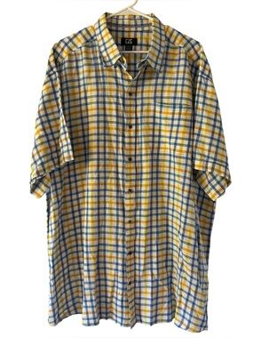 Cutter & Buck Men's Blue/Yellow/White Plaid Linen Blend Button Down Size 2XB